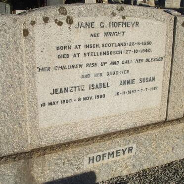 HOFMEYR Jane G. nee WRIGHT 1850-1940 :: HOFMEYR Jeanette Isabel 1890-1890 :: HOFMEYR Annie Susan 1893-1987