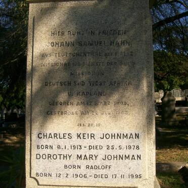 HAHN Johann Samuel 1805-1887 :: JOHNMAN  Charles Keir 1913-1978 :: JOHNMAN Dorothy Mary nee RADLOFF 1906-1995