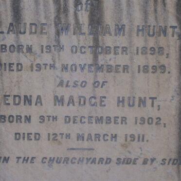 HUNT Claude William 1898-1899 :: HUNT Edna Madge 1902-1911