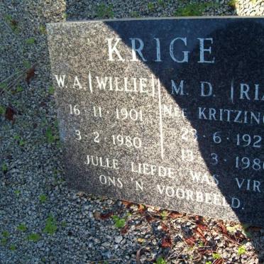 KRIGE W.A. 1901-1980 &amp; M.D. KRITZINGER 1920-1980