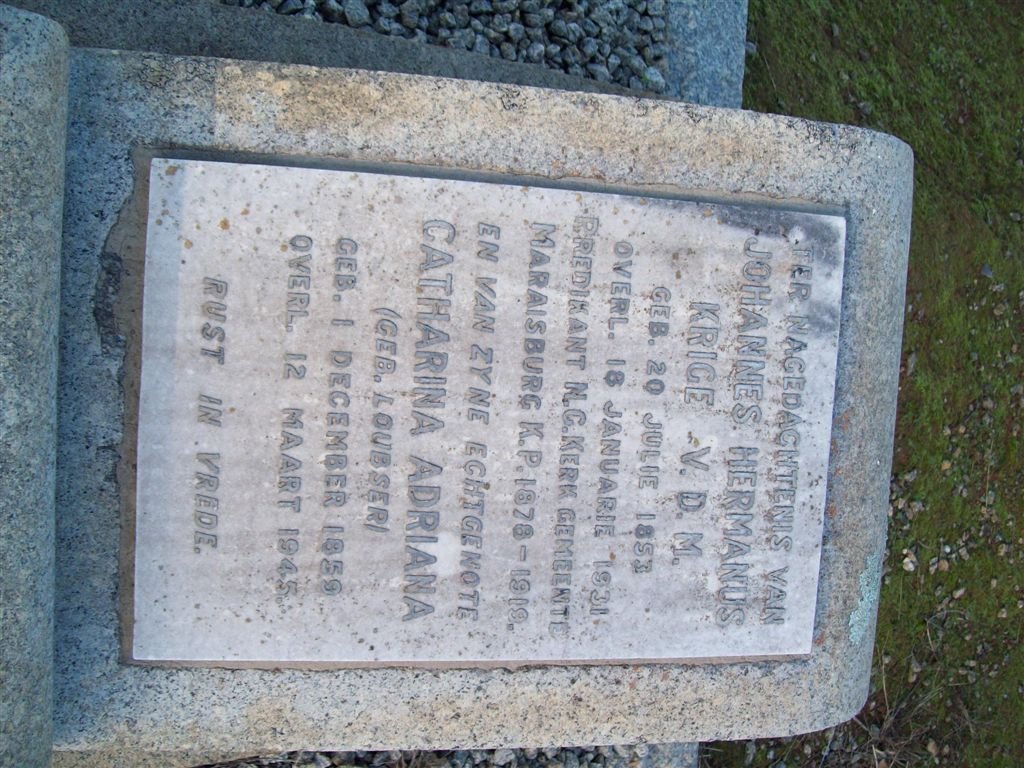 KRIGE Johannes Hermanus 1853-1931 &amp; Catharina Adriana LOUBSER 1859-1945
