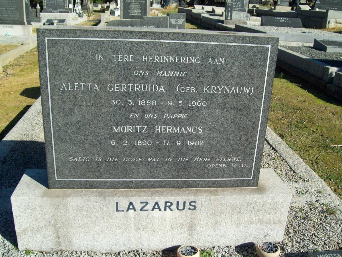 LAZARUS Moritz Hermanus 1890-1982 &amp; Aletta Gertuida KRYNAUW 1888-1960