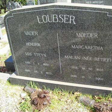LOUBSER Hendrik Vos Steyn 1922-1973 &amp; Margaretha MALAN nee RETIEF 1925-2003