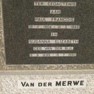 MERWE Paul Francois, van der 1904-1948 &amp; Susanna Elizabeth VAN DER BIJL 1899-1990