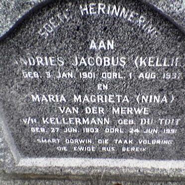 MERWE Andries Jacobus, van der 1901-1997 &amp; Maria Magrieta voorheen KELLERMANN nee DU TOIT 1903-1991
