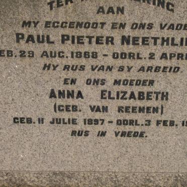 NEETHLING Paul Pieter 1868-1954 &amp; Anna Elizabeth VAN REENEN 1897-1982