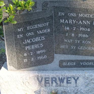 VERWEY Jacobus Petrus 1899-1960 &amp; Mary-Ann I. 1904-1986