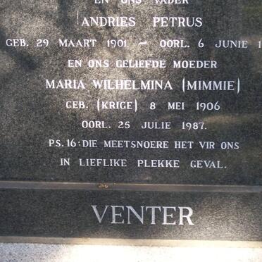 VENTER Andries Petrus 1901-1965 &amp; Maria Wilhelmina KRIGE 1906-1987
