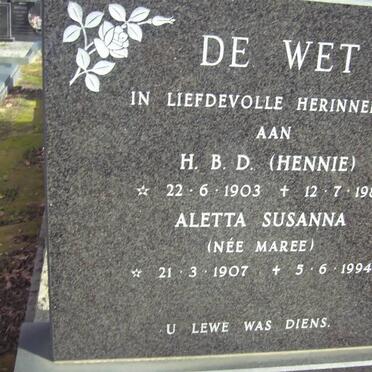 WET H.B.D., de 1903-1982 &amp; Aletta Susanna MAREE 1907-1994