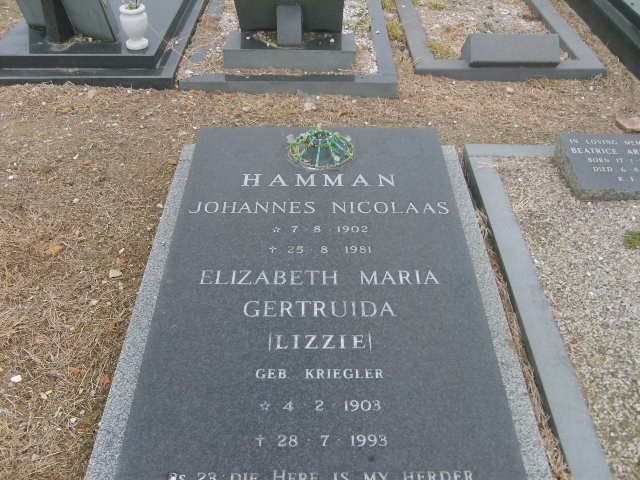 HAMMAN Johannes Nicolaas 1902-1981 &amp; Elizabeth Maria Gertruida KRIEGLER 1903-1993