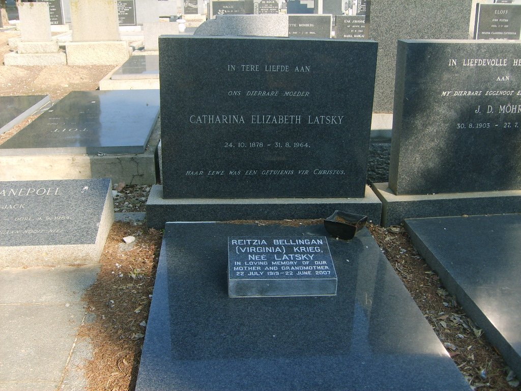 LATSKY Catharina Elizabeth 1878-1964 :: KRIEG Reitzia nee LATSKY 1919-2007