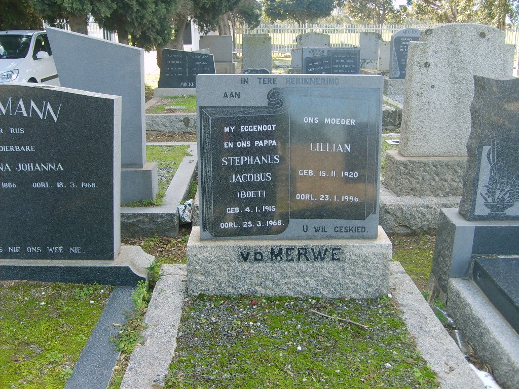 MERWE Stephanus Jacobus, v.d. 1915-1968 &amp; Lilian 1920-1996