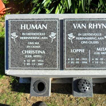 HUMAN Christina nee APPEL 1915-2007 :: RHYN Loppie, van 1921-1994 &amp; Mita BRINK 1923-2008