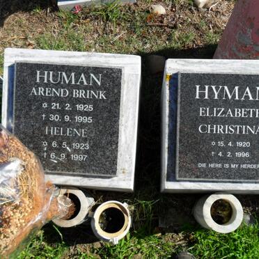 HUMAN Arend Brink 1925-1995 &amp; Helene 1923-1997 :: HYMAN Elizabeth Christina 1920-1996