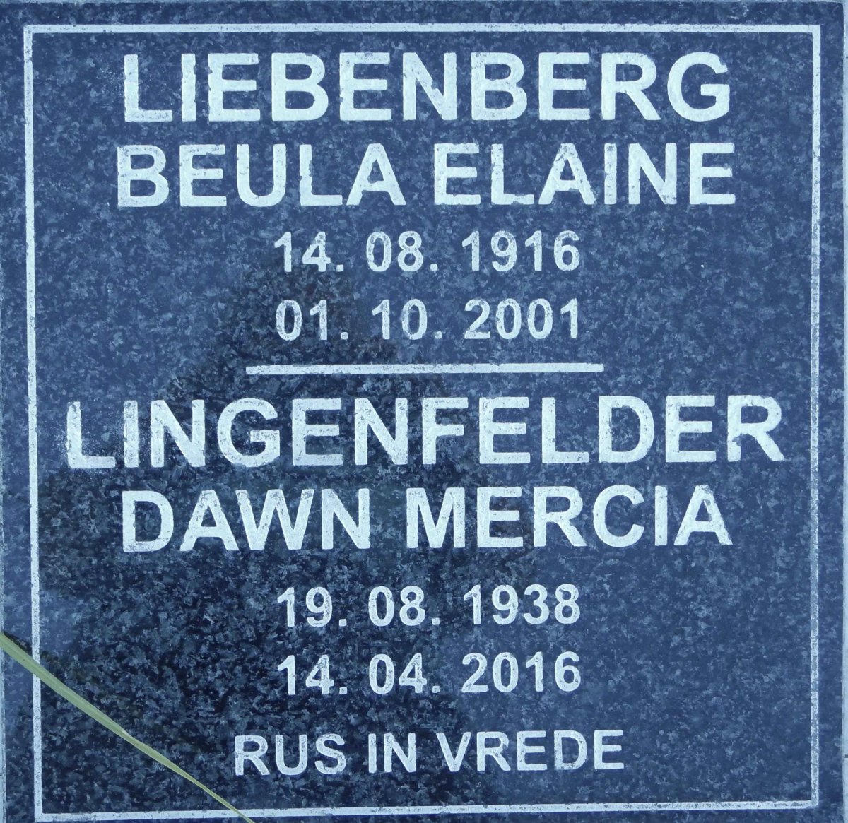 LIEBENBERG Beula Elaine 1916-2001 :: LINGENFELDER Dawn Mercia 1938-2016