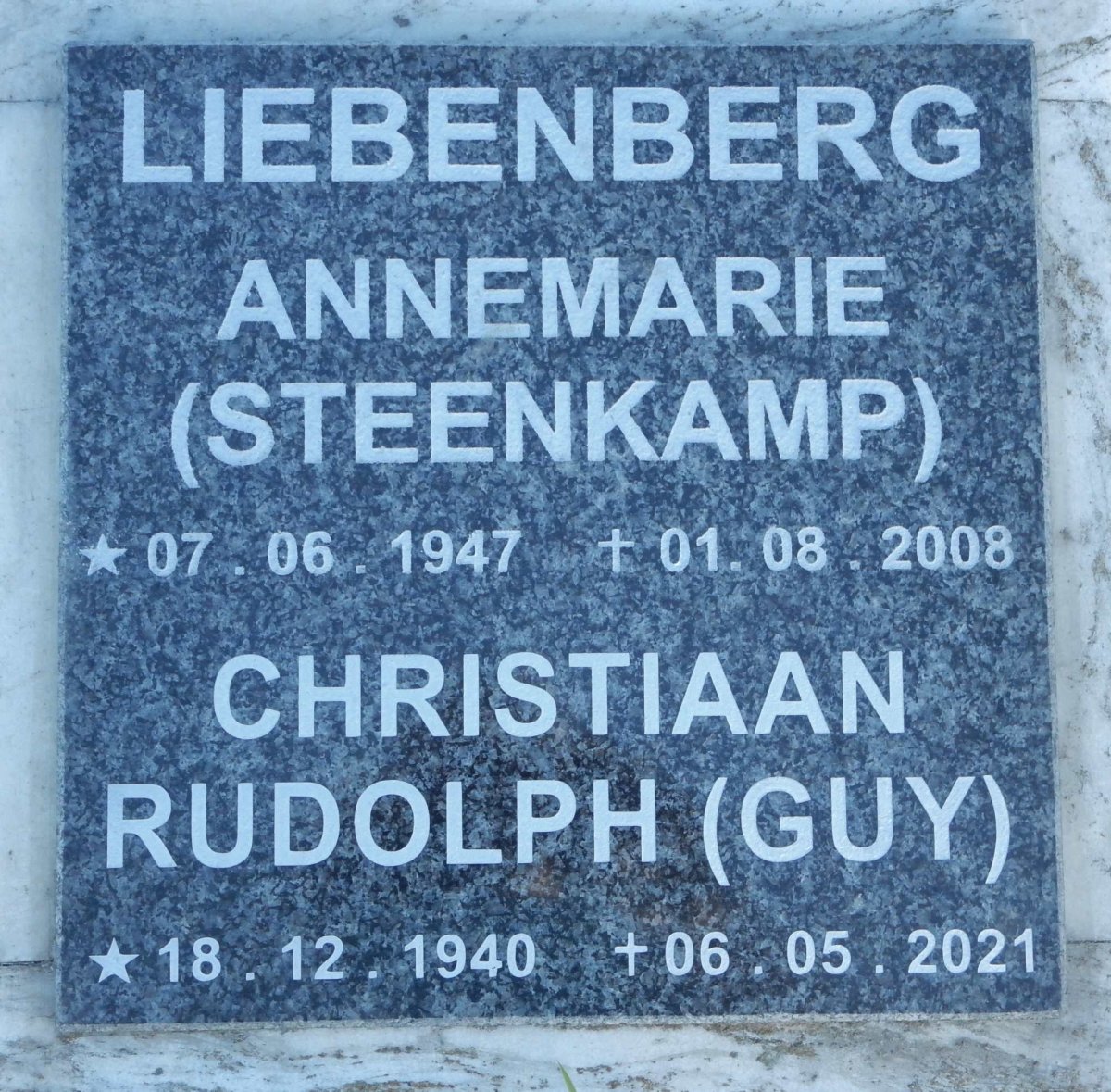 LIEBENBERG Christiaan Rudolph 1940-2021 &amp; Annemarie STEENKAMP 1947-2008