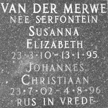 MERWE Johannes Christiaan, van der 1902-1996 &amp; Susanna Elizabeth SERFONTEIN 1910-1995