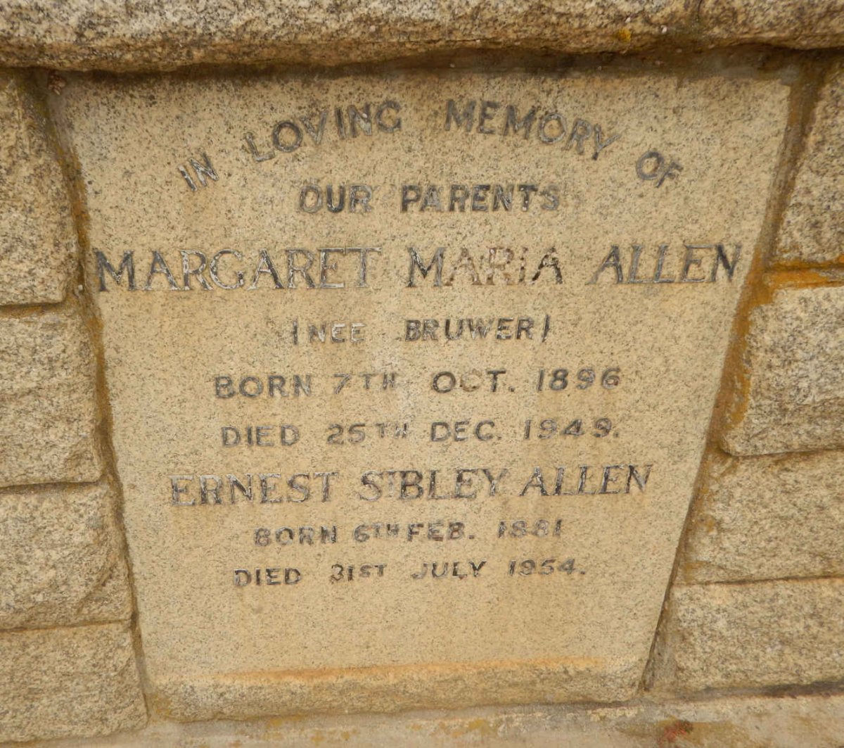 ALLEN Ernest Sibley 1881-1954 &amp; Margaret Maria BRUWER 1896-1949
