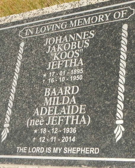 JEFTHA Johannes Jakobus 1895-1950 :: BAARD Milda Adelaide nee JEFTHA 1936-2014
