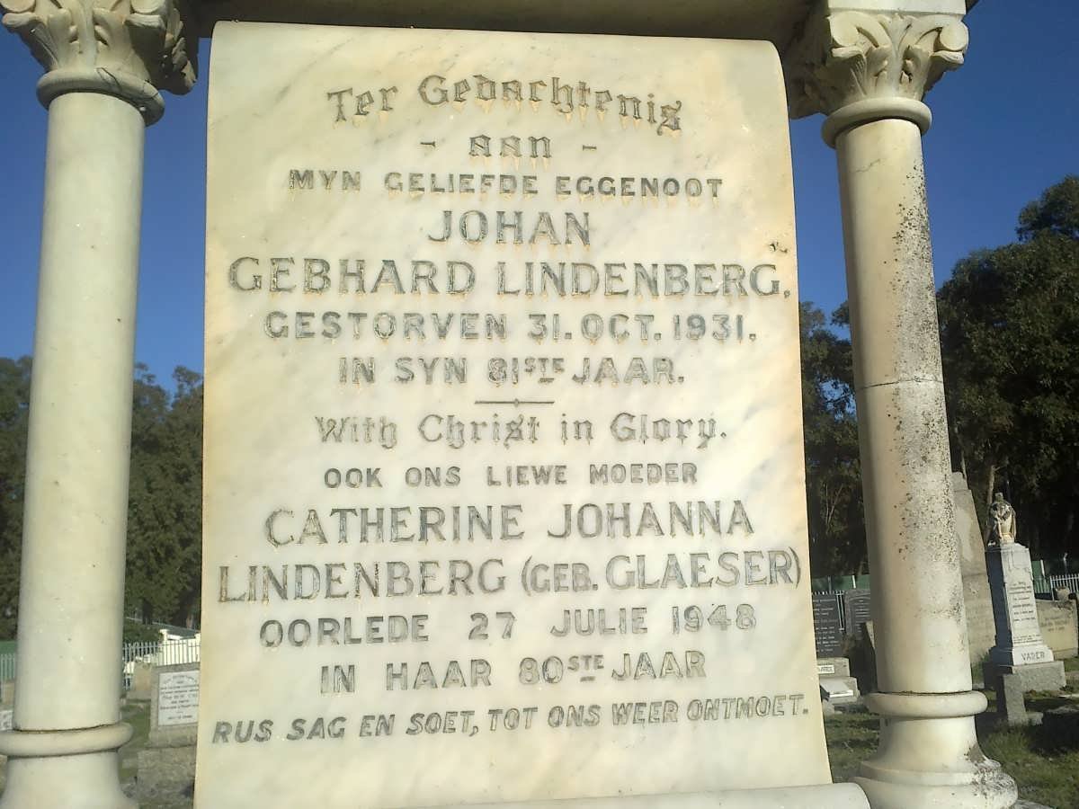 LINDENBERG Johan Gebhard -1931 &amp; Catherine Johanna GLAESER -1948