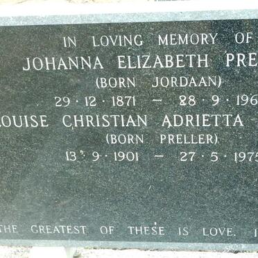 PRELLER Johanna Elizabeth nee JORDAAN 1871-1966 :: MEINTJES Louise Christian Adrietta nee PRELLER 1901-1975