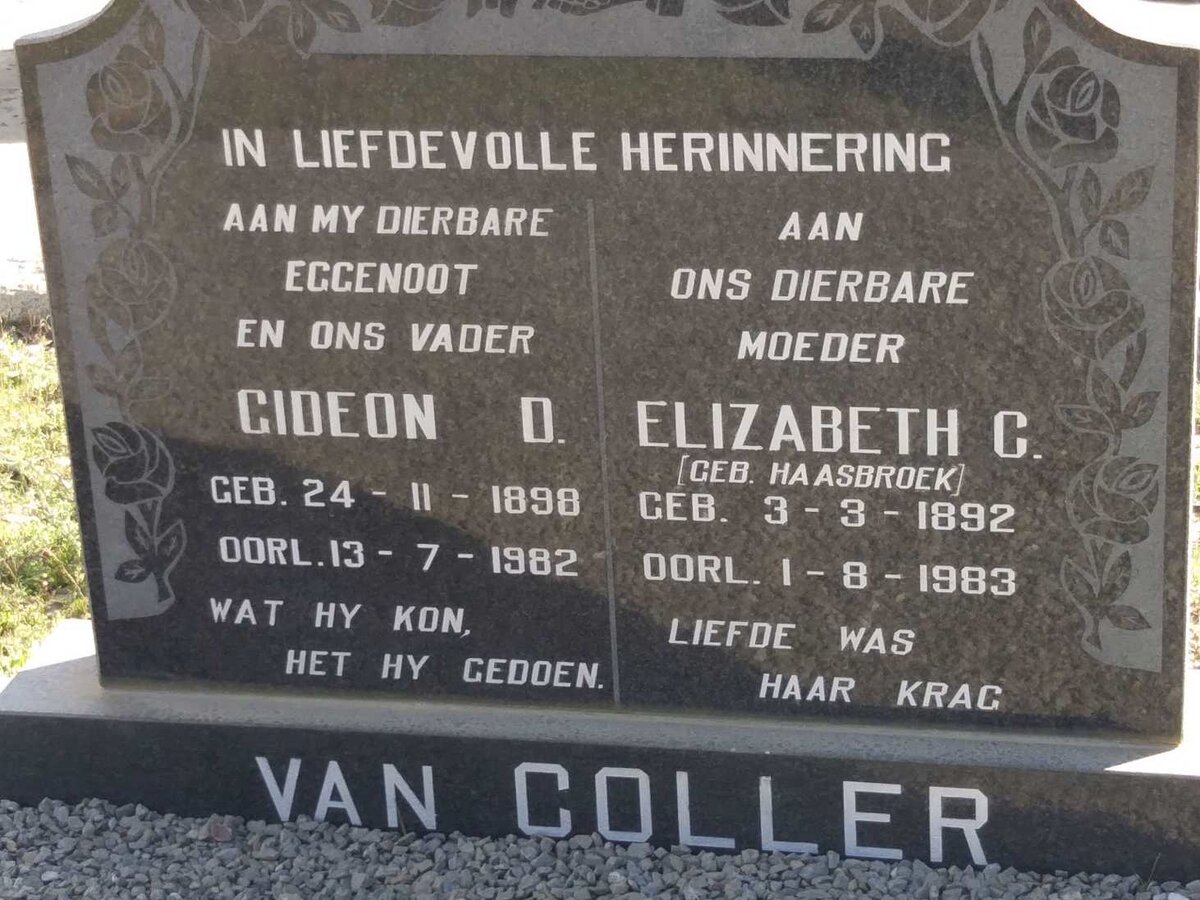 COLLER Gideon D., van 1898-1982 &amp; Elizabeth C. HAASBROEK 1892-1983