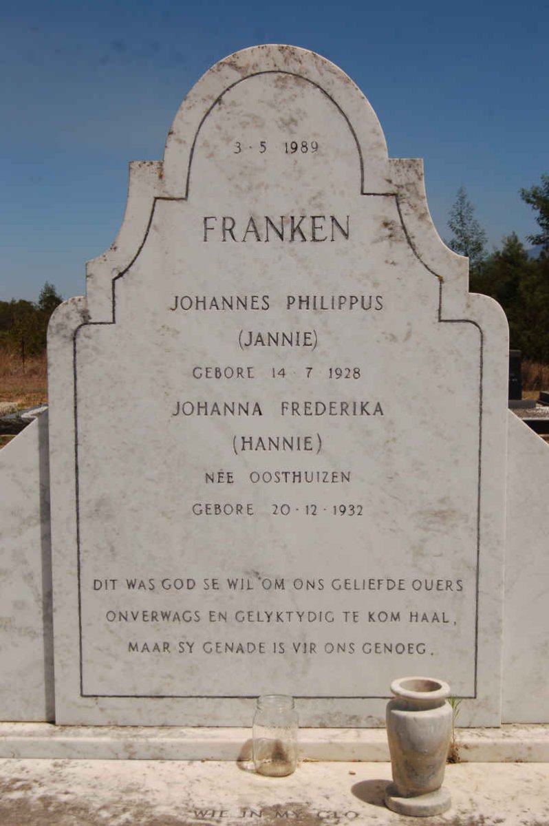 FRANKEN Johannes Philippus 1928-1989 &amp; Johanna Frederika OOSTHUIZEN 1932-1989