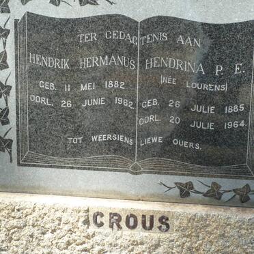 CROUS Hendrik Hermanus 1882-1962 &amp; Hendrina P.E. LOURENS 1885-1964