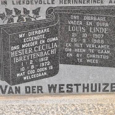 WESTHUIZEN Louis Linde, van der 1907-1988 &amp; Hester Cecilia BREYTENBACH 1912-1972