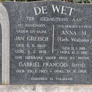 WET Jan Greisch, de 1902-1978 &amp; Anna M. WOLHUTER 1901-1997 :: DE WET Gabriël Francois 1937-1962