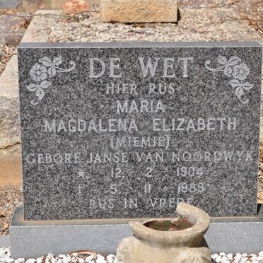 WET Magdalena Elizabeth, de nee JANSE VAN NOORDWYK 1904-1989