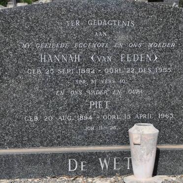 WET Piet, de 1894-1963 &amp; Hannah VAN EEDEN 1892-1955