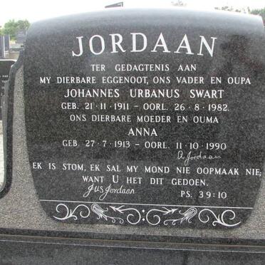 JORDAAN Johannes Urbanus Swart 1911-1982 &amp; Anna 1913-1990