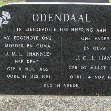 ODENDAAL J.C.J. 1903-1987 &amp; J.M.I. KEMP 1905-1981