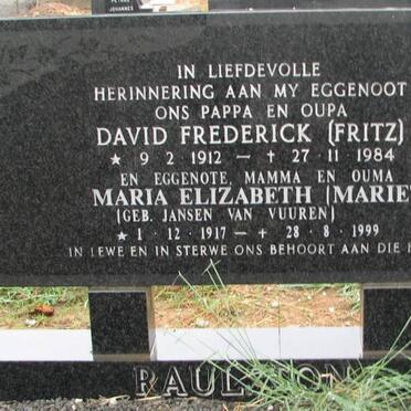 RAULSTON David Frederick 1912-1984 &amp; Maria Elizabeth JANSEN VAN VUUREN 1917-1999