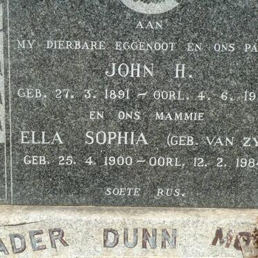DUNN John H. 1891-1957 &amp; Ella Sophia VAN ZYL 1900-1984