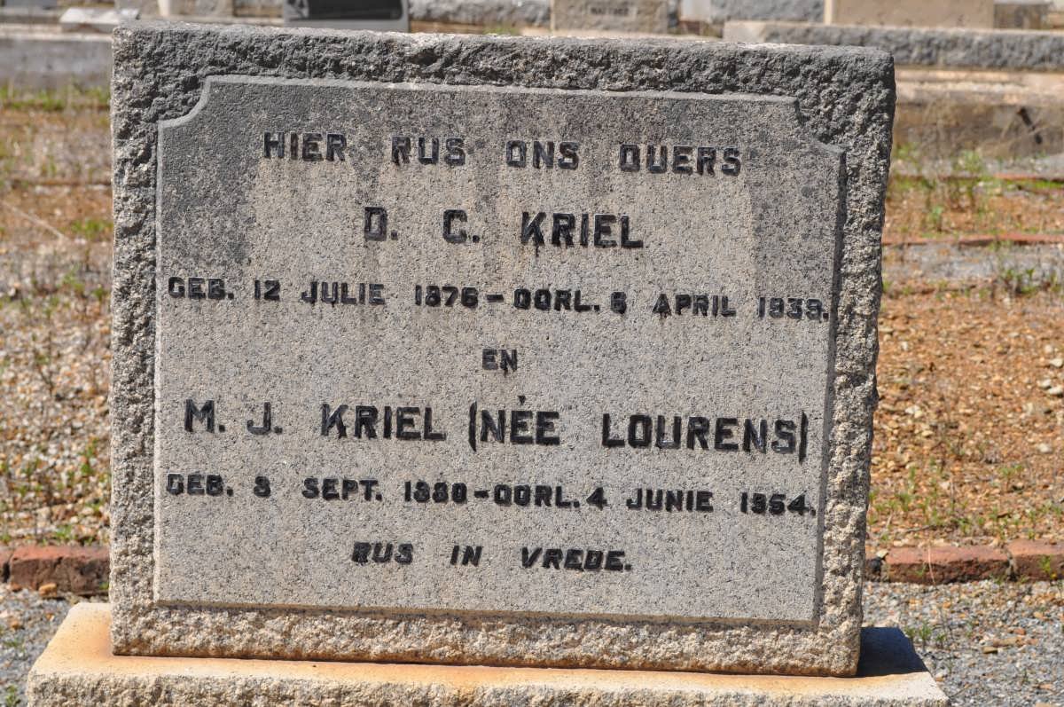 KRIEL D.C. 1876-1939 &amp; M.J. LOURENS 1880-1954