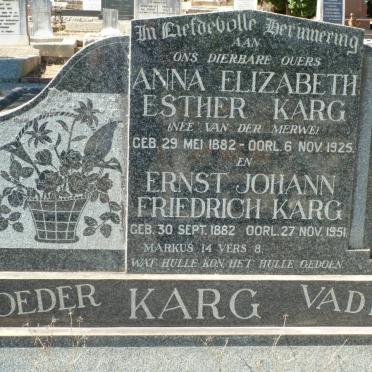 KARG Ernst Johann Friedrich 1882-1951 &amp; Anna Elizabeth Esther VAN DER MERWE 1882-1925