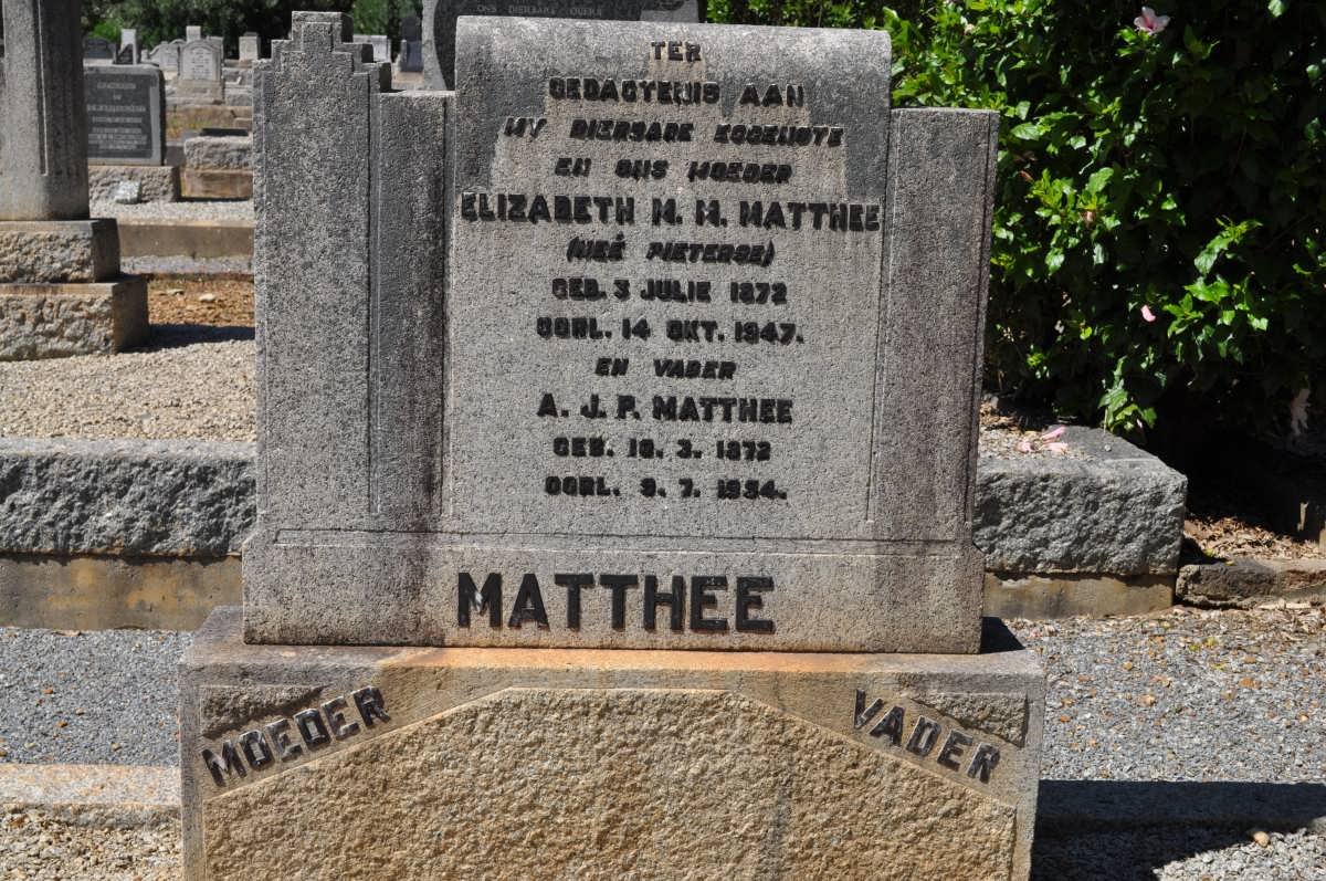 MATTHEE A.J.P. 1872-1954 &amp; Elizabeth M.H. PIETERSE 1872-1947