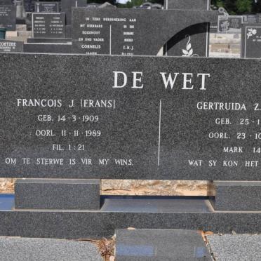 WET Francois J., de 1909-1989 &amp; Gertruida Z. 1916-1988