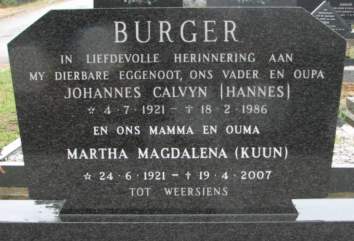 BURGER Johannes Calvyn 1921-1986 &amp; Martha Magdalena KUUN 1921-2007
