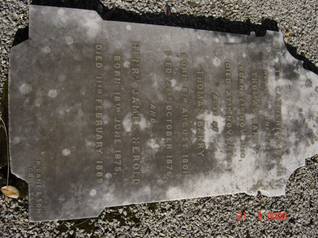 BARRY Thomas 1801-1876 &amp; Aletta Catherina 1810-1888 :: HEROLD Henry James 1875-1889
