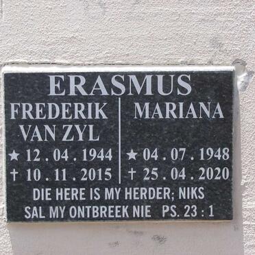 ERASMUS Frederik Van Zyl 1944-2015 &amp; Mariana 1948-2020