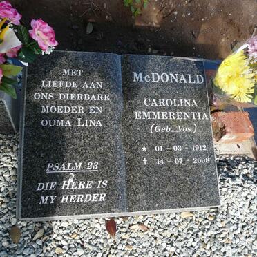 McDONALD Carolina Emmerentia neé VOS 1912-2008
