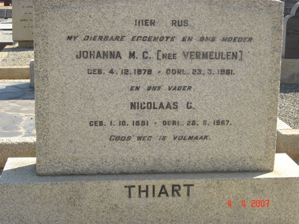 THIART Nicolaas C. 1881-1967 & Johanna M.C. VERMEULEN 1879-1961