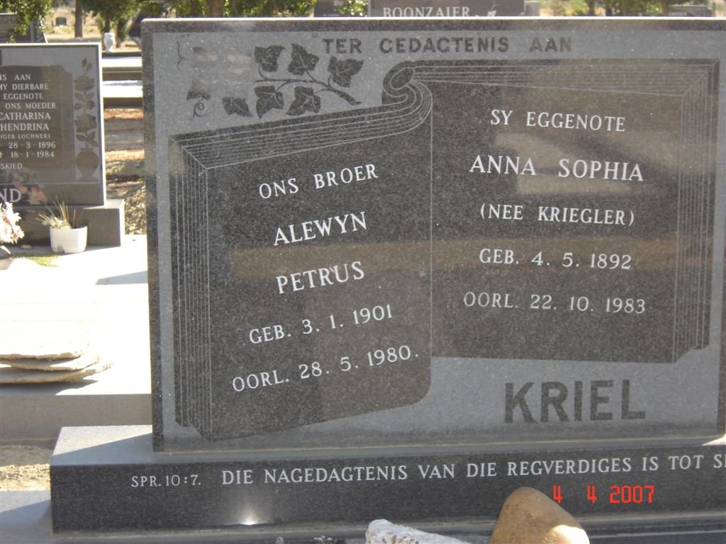 KRIEL Alewyn Petrus 1901-1980 & Anna Sophia KRIEGLER 1892-1983