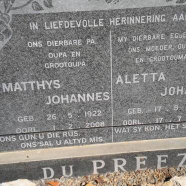 PREEZ Matthys Johannes, du 1922-2008 &amp; Aletta Johanna 1930-1998