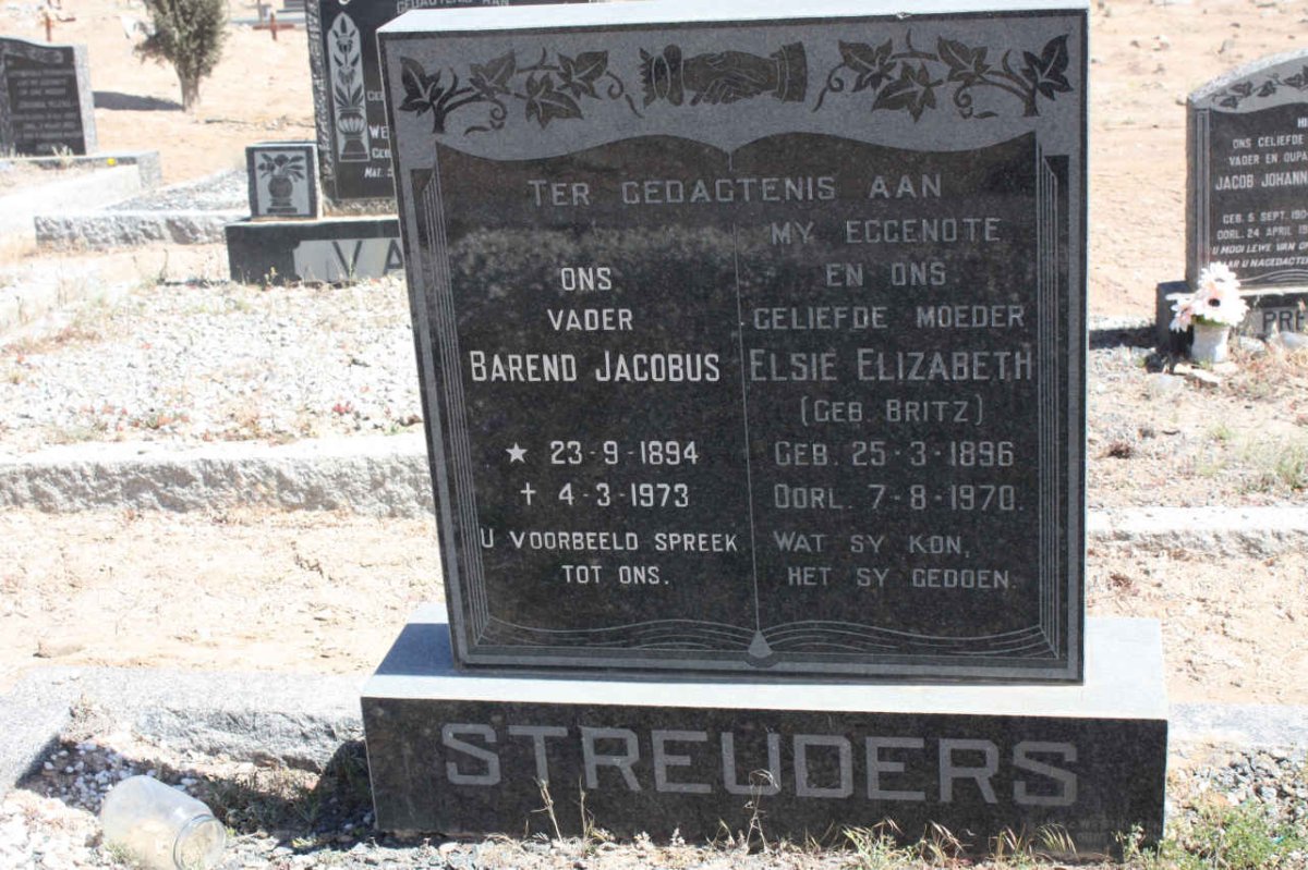 STREUDERS Barend Jacobus 1894-1973 &amp; Elsie Elizabeth BRITZ 1896-1970