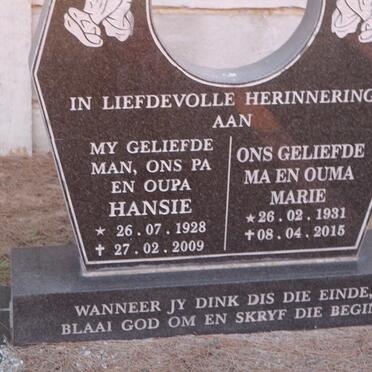 BREDENHANN Hansie 1928-2009 &amp; Marie 1931-2015