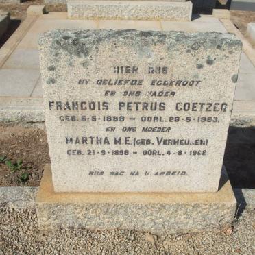 COETZER Francois Petrus 1889-1953 &amp; Martha M.E. VERMEULEN 1898-1962 